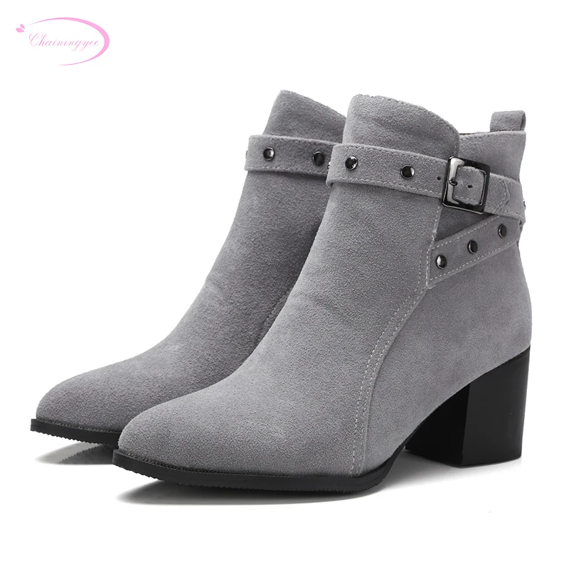 

Chainingyee street leisure sexy pointed toe ankle boots rivet belt buckle grey black apricot high-heeled women's riding boots