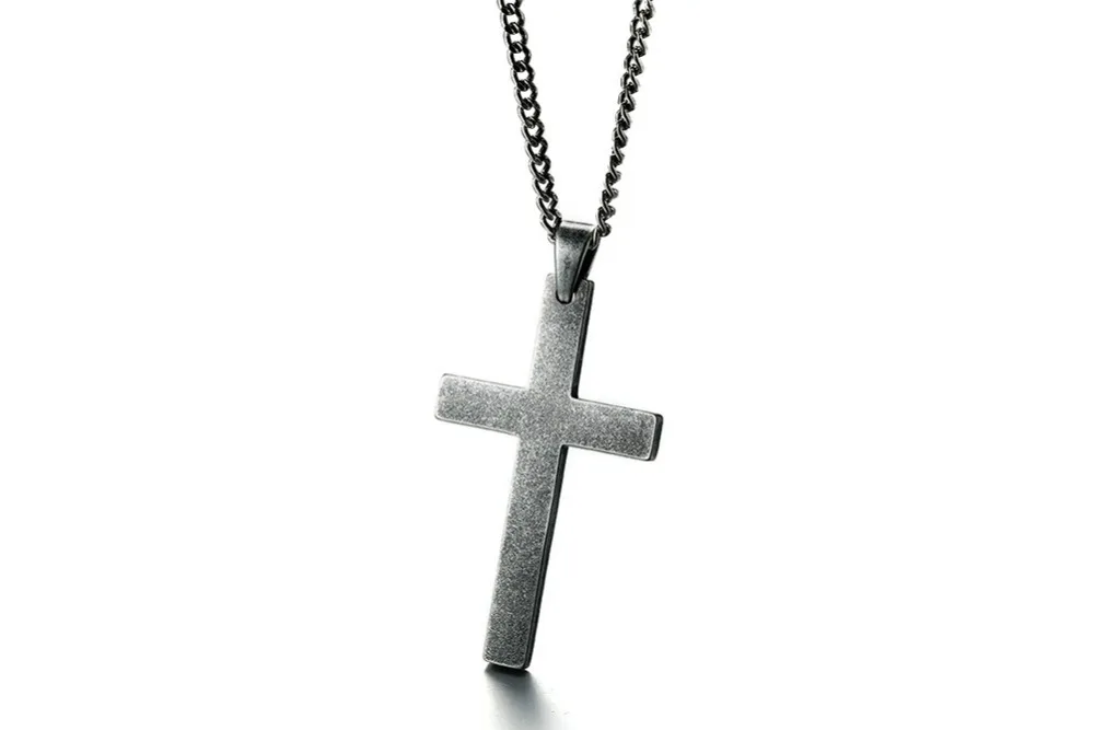 Large Mens Antique Silver Color Cross Pendant Necklace Stainless Steel Men Vintage Jewelry Christian Jesus Lord Prayer Choker Collier 16