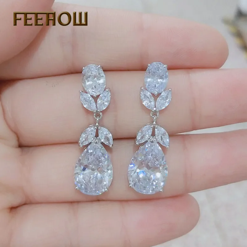 FEEHOW Новое поступление CZ циркониевые висячие серьги в форме листа Модные