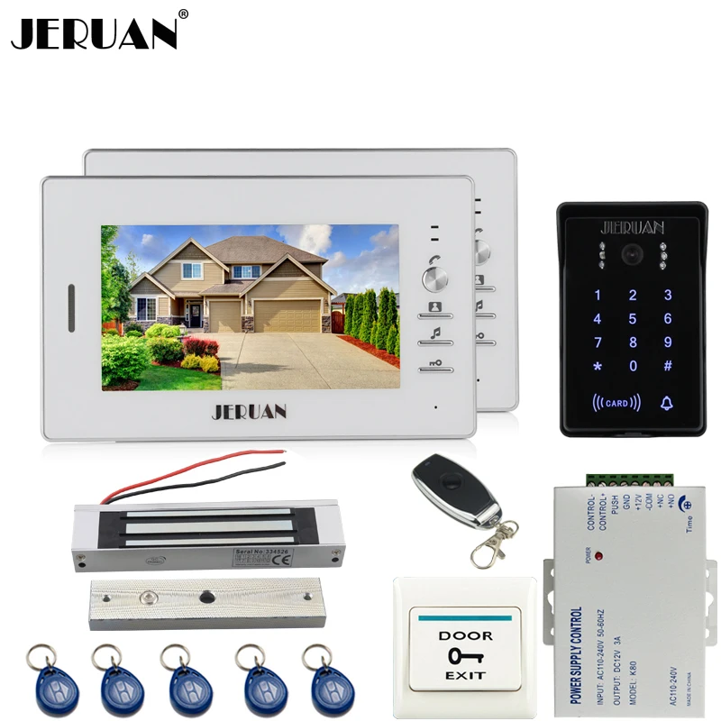 JERUAN 7 дюймов видеодомофон комплект 2 белый монитор 700TVL RFID водонепроницаемый