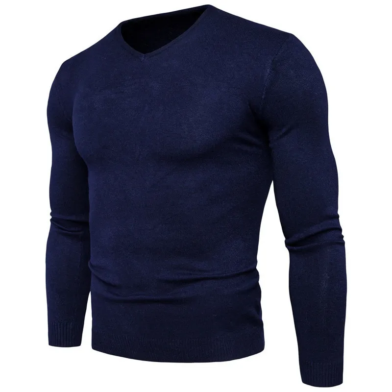 Осенне-зимний мужской свитер с v-образным вырезом модный однотонный мужской свитер с длинными рукавами M-2XL - Цвет: Тёмно-синий