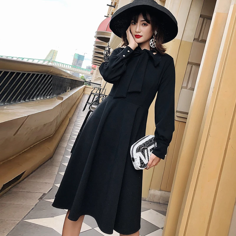 Fashion women temperament holiday bow a-line dress new arrival high quality comfortable solid color sweet cute formal dress