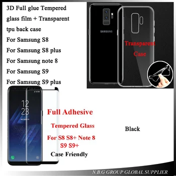 

10set/lot 3D Full Adhesive Case Friendly Tempered Glass For SAMSUNG S8 S8+ Note 8 S9 S9+ with Transparent Silicone Case