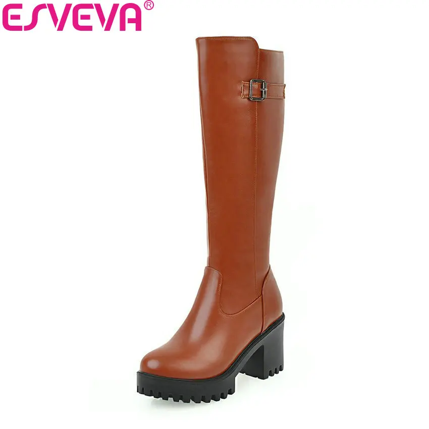 

ESVEVA 2018 New Women Boots Square High Heel Riding Boots Round Toe Platform Knee High Boots Zipper Warm Winter Shoes Size 34-43