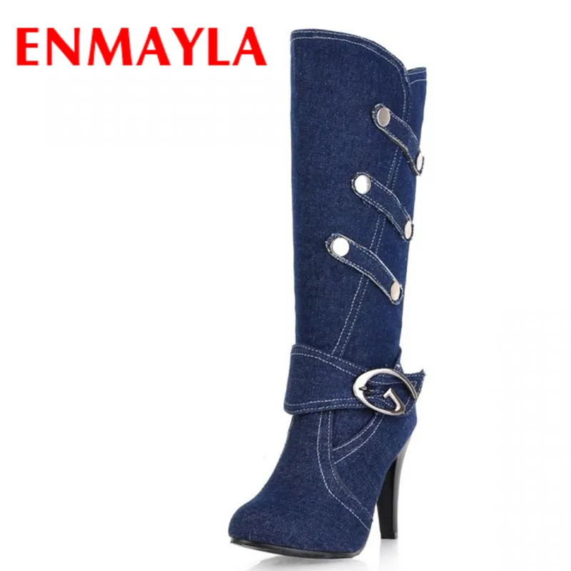 

ENMAYLA Autumn Denim Boots High Heels Boots Women's Shoes Winter Mid-Calf Boots Women Size 43 Buckle Black Knight Boots