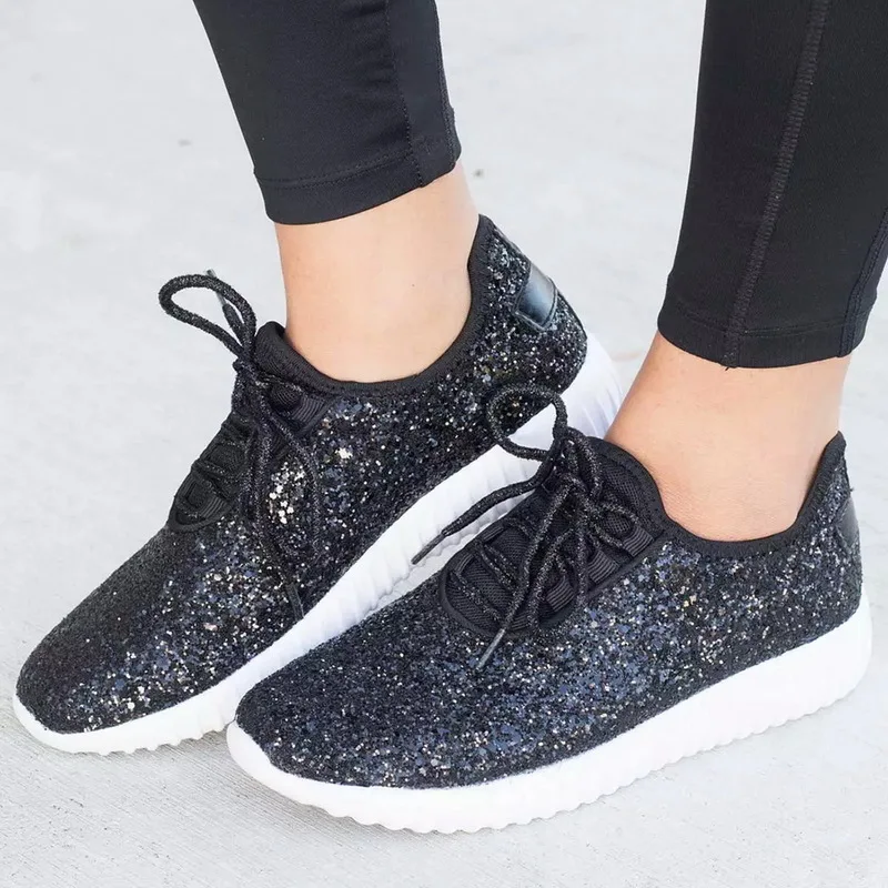 WENYUJH Vulcanized Shoes Women Casual Shoes Women Glitter Sneakers Bling White Sneakers Lace-up Sparkly Shoes zapatos mujer