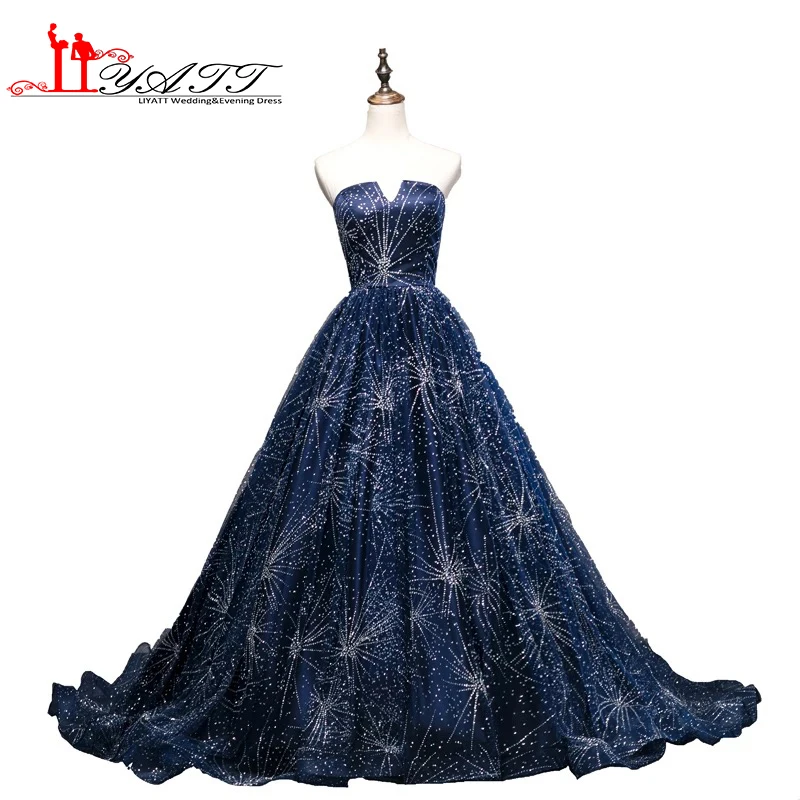 navy blue strapless evening gown