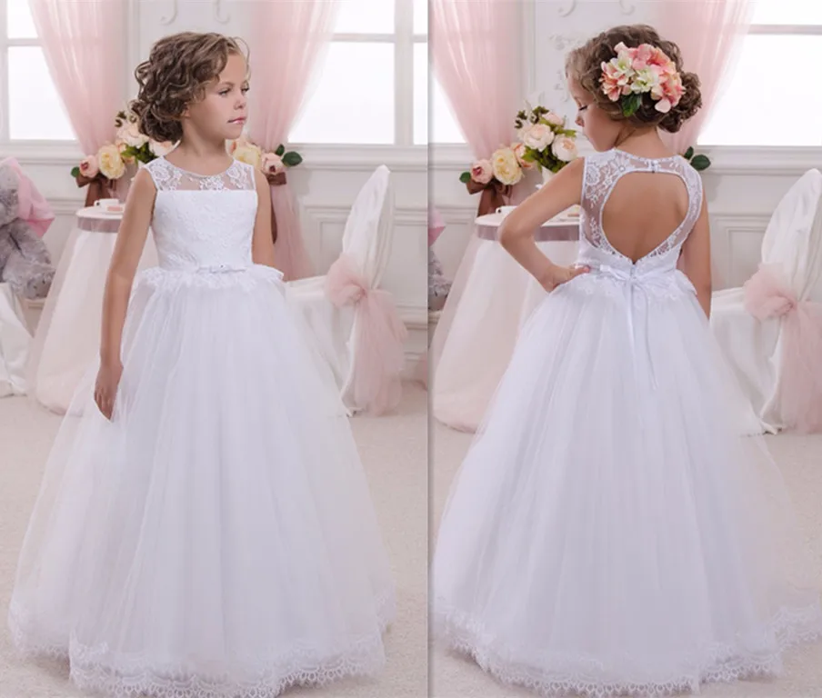 

White Lace Girls First Communion Gown Lace Up Kids Floor Length Open Back Puffy Tulle Ball Gown Flower Girls Dresses 0-16Y