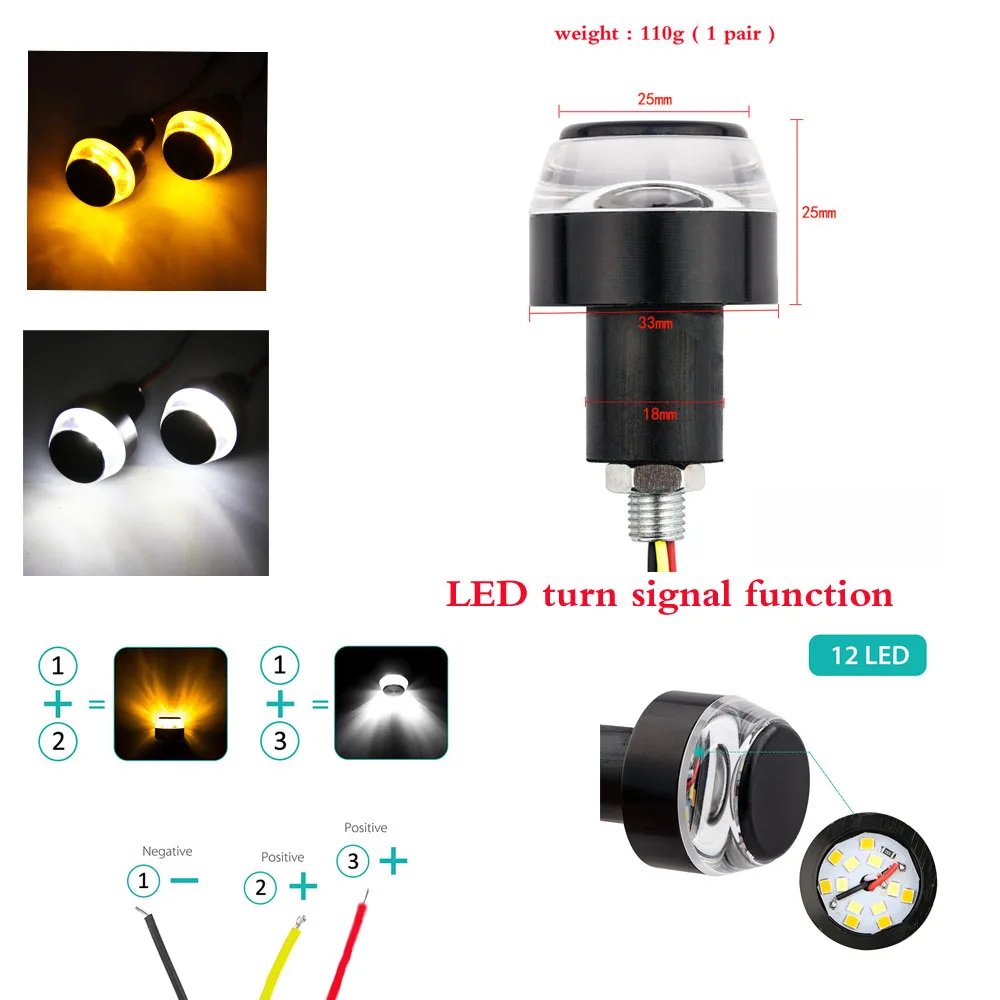 

Motorcycle High quality Amber LED Handle Bar End Indicator Grip Plug Turn Signal Light FOR 22mm Handlebar
