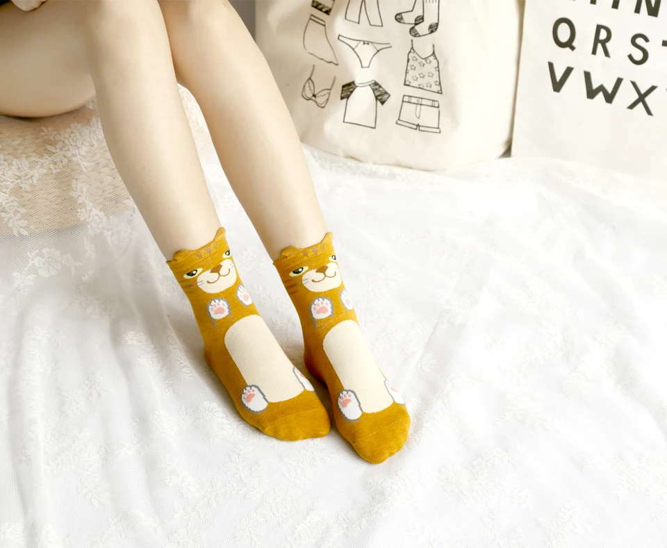 Funny Cute Cat Cartoon Women Socks Autumn Winter Lady's Sock korean Fashion Candy Color Creative Warm socks White Yellow Gray (11)
