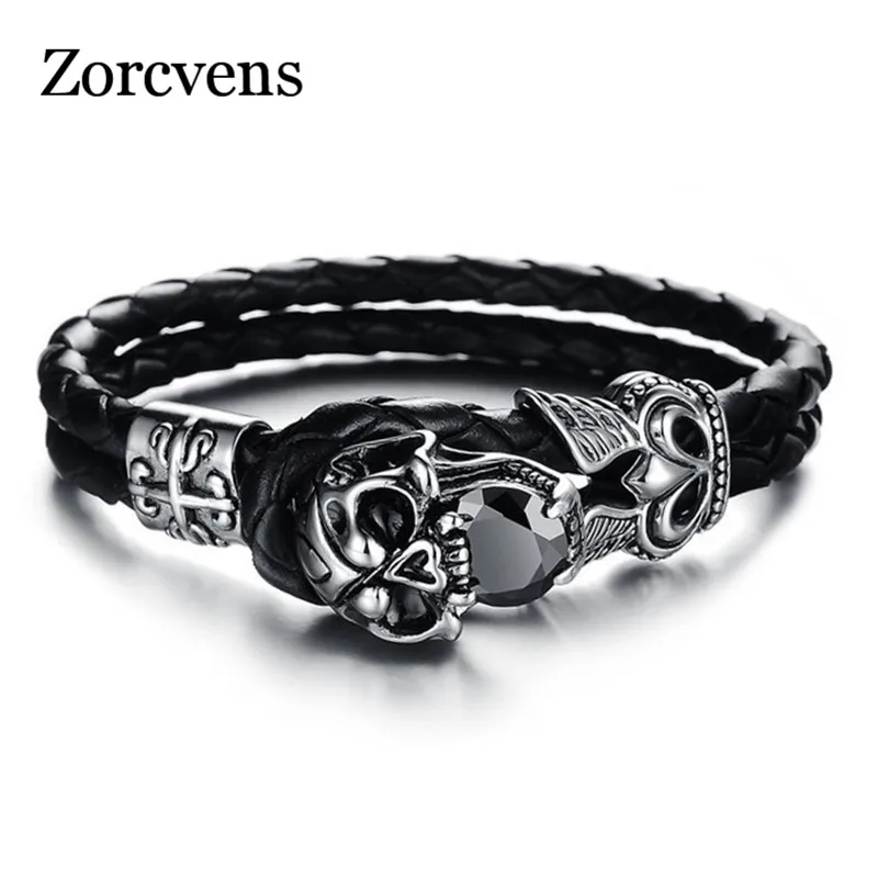 

ZORCVENS Braided Genuine Leather Punk Rock Skull Head Bracelet Bangle Wristband For Man men Gift