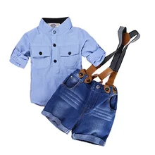 Повседневные летние комплекты одежды для мальчиков в джентльменском стиле; хлопковый костюм на бретельках; рубашка; короткие джинсы; комплекты одежды для мальчиков