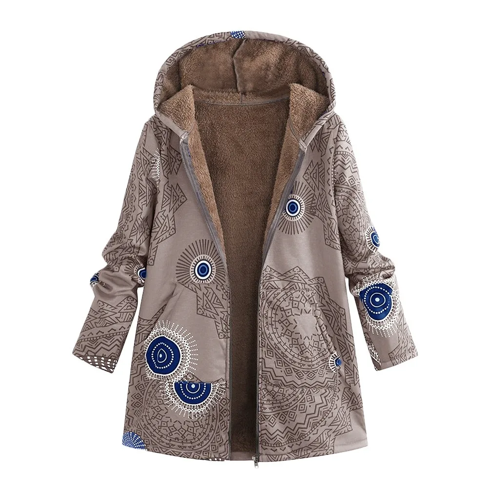 Зимнее пальто с капюшоном, женская теплая верхняя одежда, куртка, винтажный цветочный принт, с капюшоном, карманы, Ретро стиль, большие размеры, пальто - Цвет: Хаки