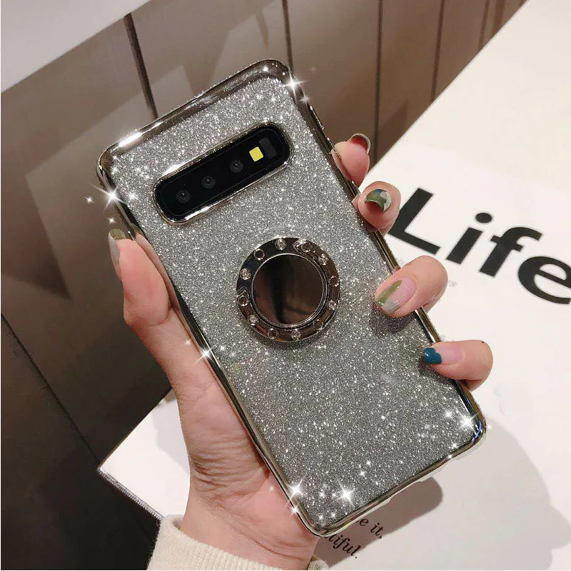 Rhinestone Diamond Bling Soft TPU Case Cover sFor Samsung S10e S10+ Note 9 A6 A8 A7 2018 A750 Slim Phone Capa With Rotating Ring (10)
