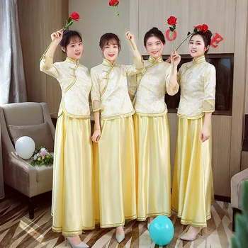 

Gold Women Vintage Evening Dress Satin Flower Bridesmaid Classic Wedding Qipao Slim Hanfu Clothing Chinese Cheongsam Vestidos