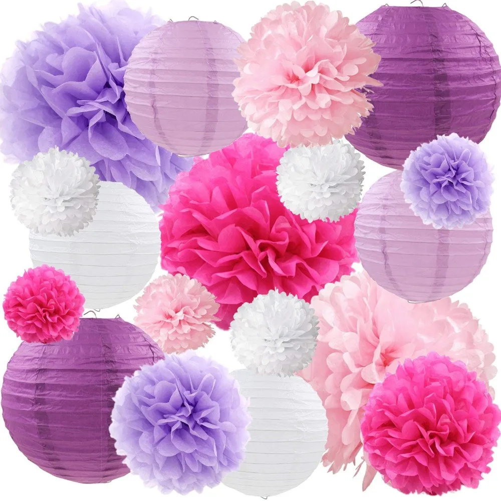 Purple Hanging DIY Tissue Paper Flowers Pom Poms and Paper Lanterns Set
