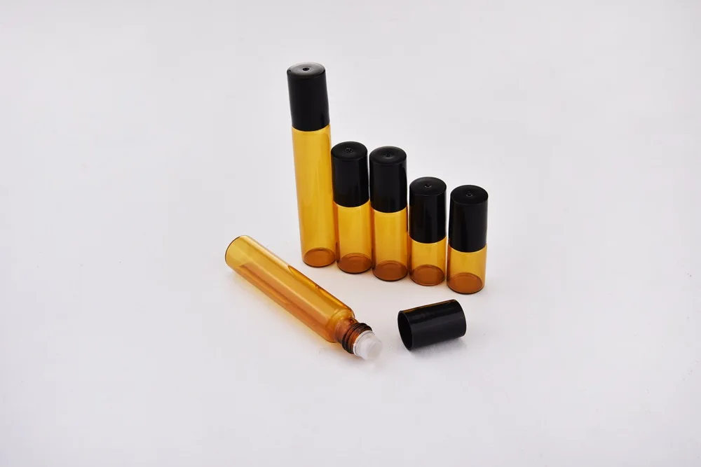 20pcs/lot 3ML 5ML 10ML Amber Thin Glass Roll on Bottle Sample Test Essential Oil Perfume Vials with Black Roller Metal Ball