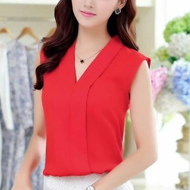 

Summer Women Fashion Blouse Chiffon Shirts Blouse Solid Casual Female Sleeveless V-Neck Shirt Tops