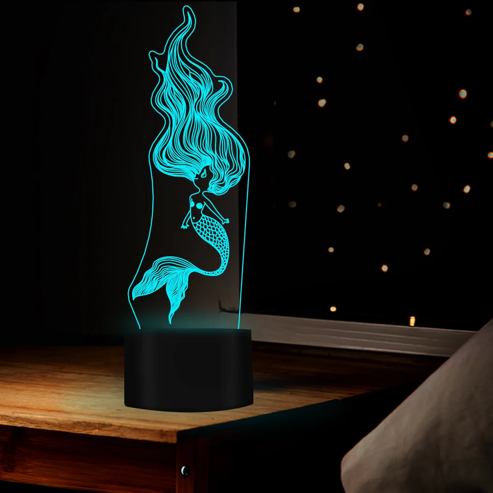 3D ночник прекрасная форма русалки 7 цветов Настольная лампа USB светодиодный светильник в подарок или украшение