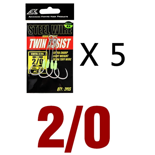 JK 5packs Sea Fishing Hook Steel Wire 7x7 Slow Jigging Size 1/0 2/0 3/0 4/0 5/0 Luminous Double Assist Hook Slow Pitch Tackle 5packs - 2 l 0