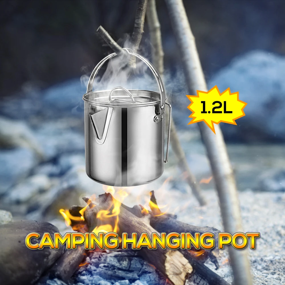 

1.2L Outdoor Stainless Steel Hanging Pot Camp Cup Camping Soup Coffee Pot Foldable Handle Water Kettle With Cover