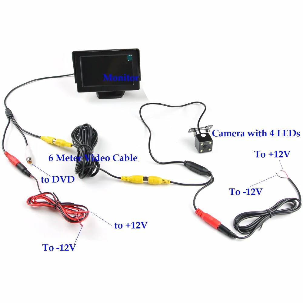 ANSHILONG 2in1 TFT LCD 2 Video Input 4.3 Inch Car Parking Monitor With Rear View Camera Glass Lens + 6M RCA Video Cable