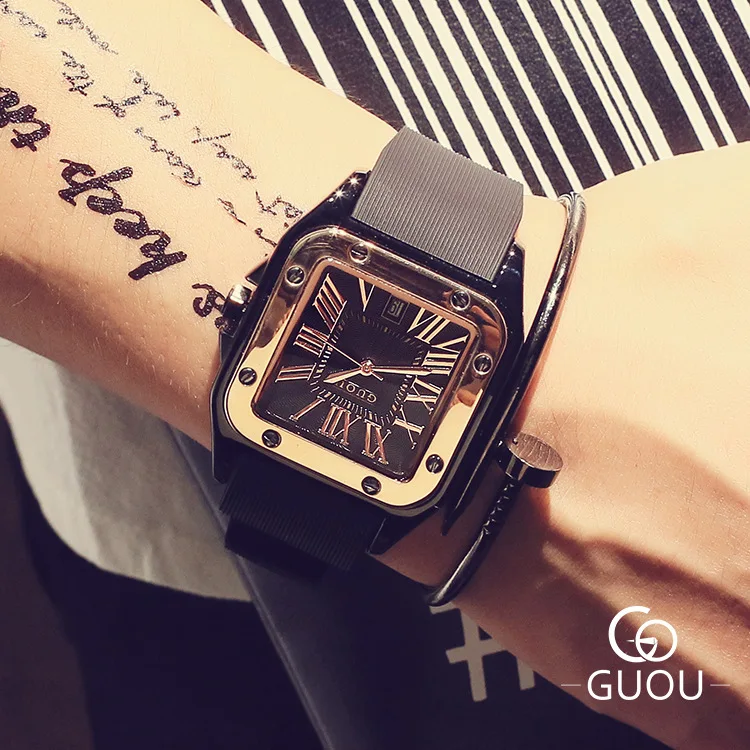 GUOU часы Модные прямоугольные кварцевые женские часы кожа высококлассные большой циферблат топ роскошные для женщин relogio feminino