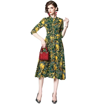 

Vintage Woman Printed Dress Stand Collar Spring New Ladies Party Dress Slim Midi Print Dresses for Woman Ladies Elegant Dress