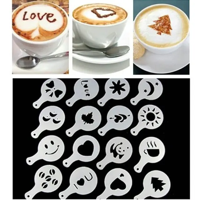 Special Price 16Pcs Cartoon Christmas Mold Coffee Milk Cake Dessert Cupcake Stencil Template Cappuccino Template Strew Pad Duster Spray Tools