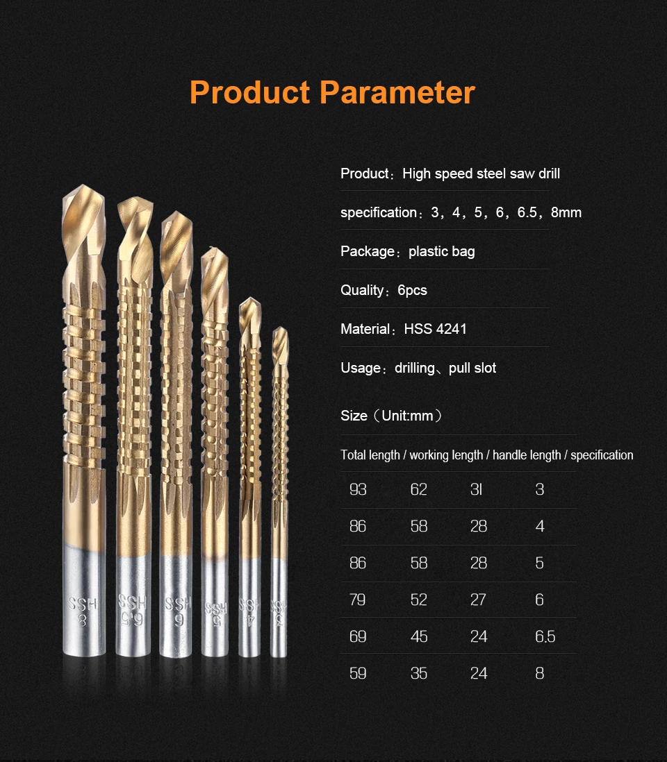 JelBo HSS сверла для пилы, 6 шт. с титановым покрытием сверло для пилы Набор инструментов для резки столярного деревообрабатывающего металла