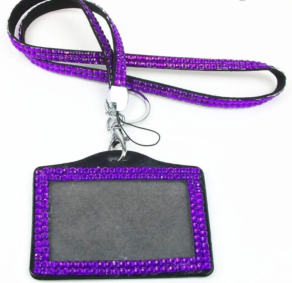 Discount Free shipping 100 pcs/lot Rhinestone Bling Lanyard with Horizontal Lined ID Badge Holder and Key Chain 6