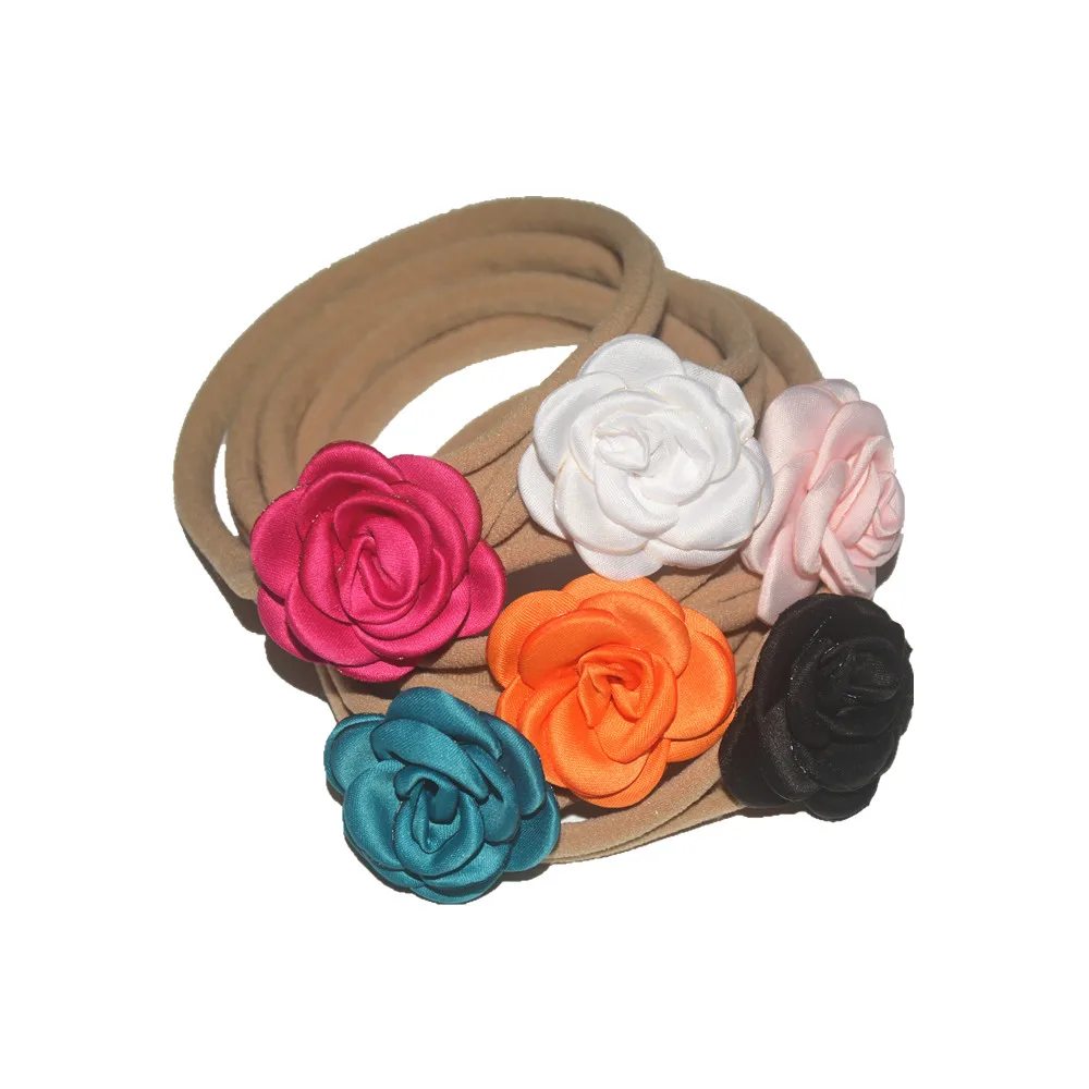 10pcs Lot Elastic Nylon Headband With 4 0cm Small Burnt Satin Rose