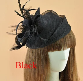 Элегантная Дамская королевская шляпа-Вуалетка Sinamay, женская льняная шляпа с перьями, аксессуары для волос для свадебной вечеринки, гоночная шапка с перьями - Цвет: Black