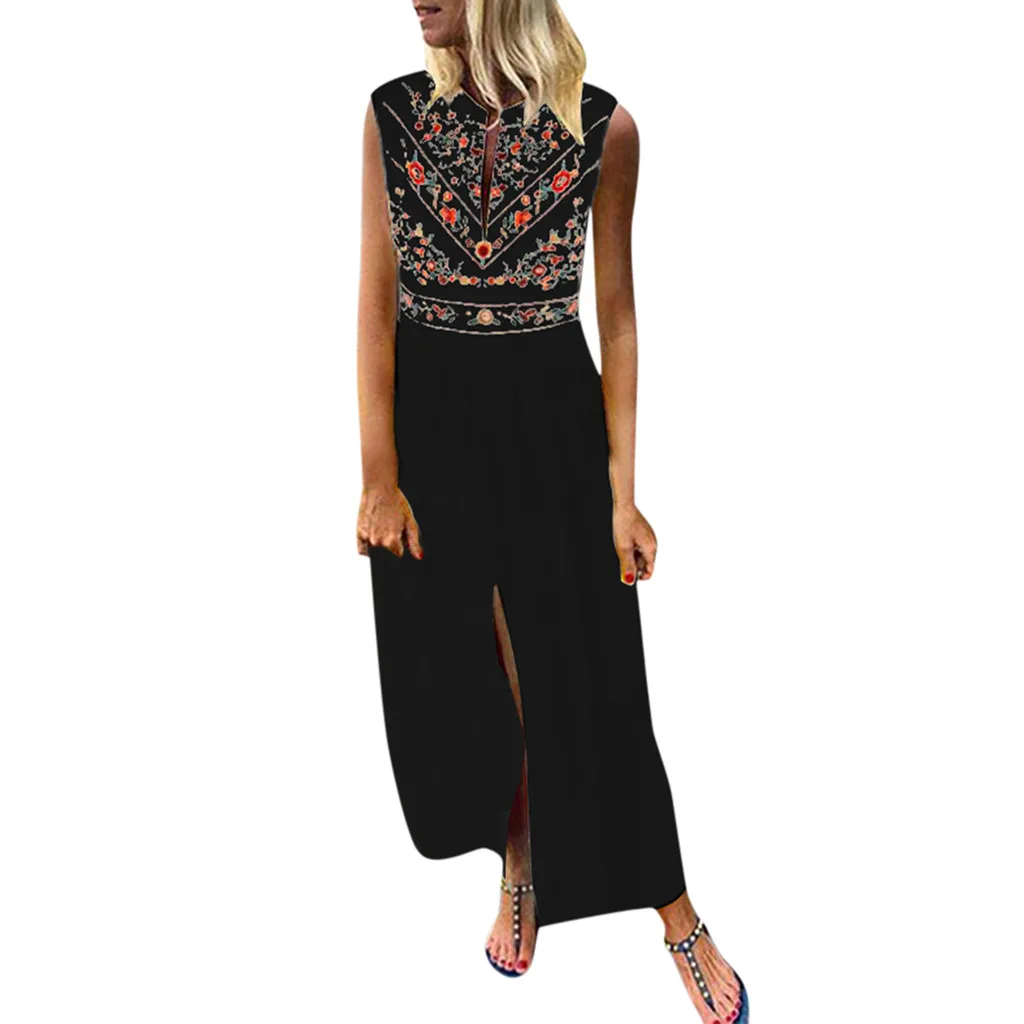 

Women’s Print Split Tank Long Dress Casual Sleeveless V-neck Loose Maxi Dresses Hem Baggy Kaftan Ankle-Length Black Dress Robe