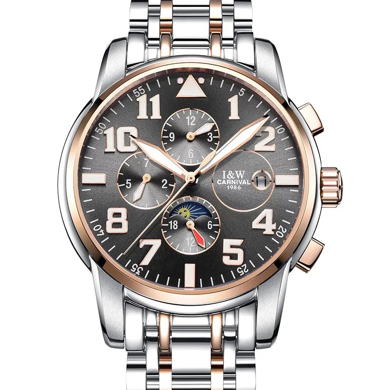 

CARNIVAL Multifunction Mechanical Watch Luxury business Automatic Watch Men Calendar Moon phase HD Luminous Steel Skeleton watch