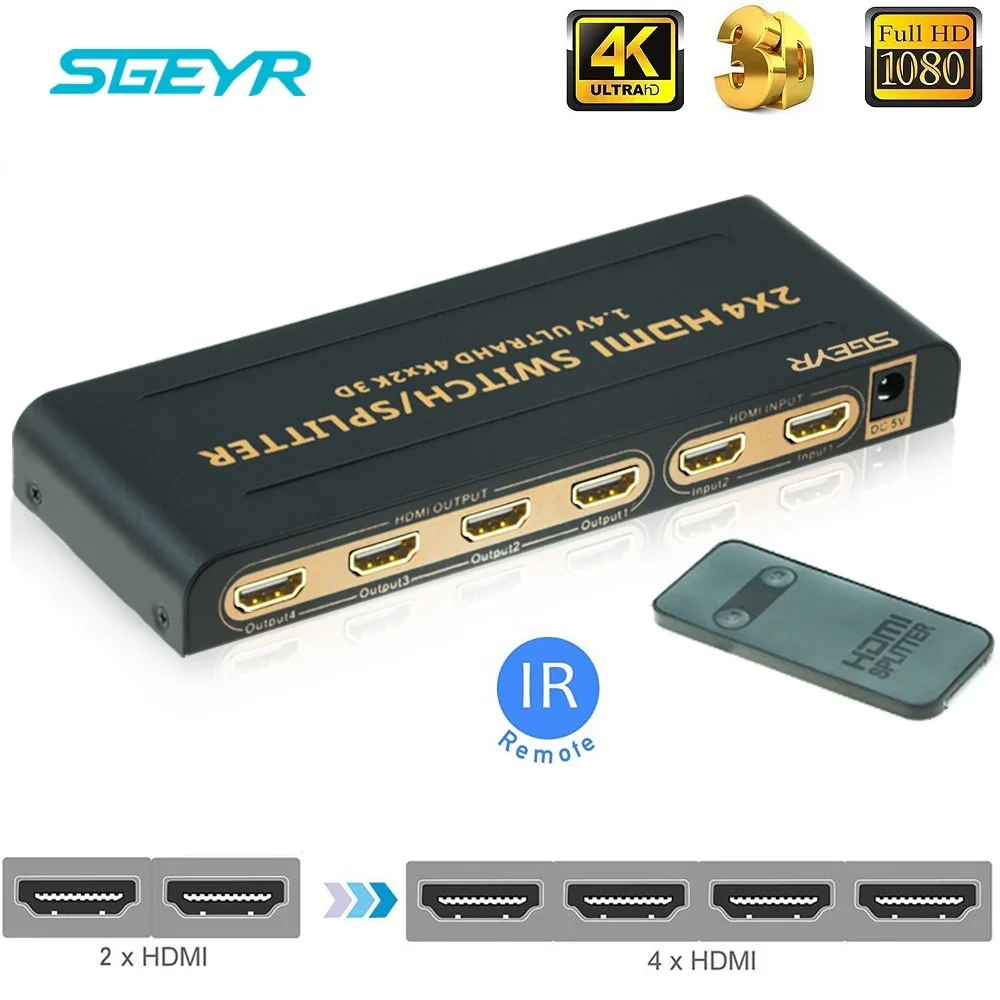 SGEYR 4Kx2K 2 in 4 Out HDMI Switch Splitter 2x4 3D1080p with IR Remote
