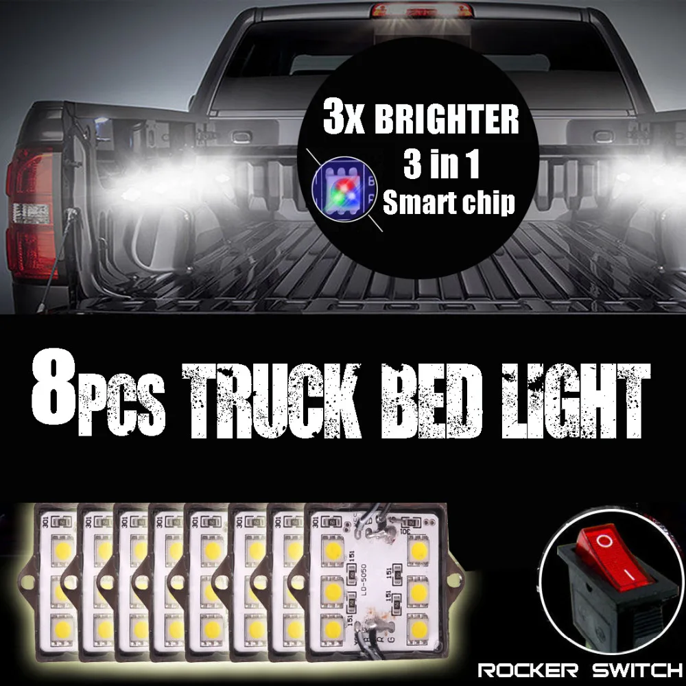 8Pcs White Truck Cargo Bed LED Light Kit For Ford Chevy Dodge GMC Pick-up Trucks