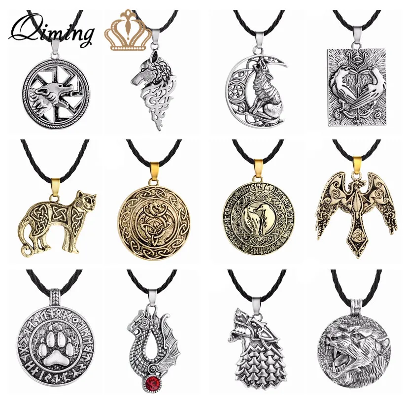 QIMING Viking Wolf Men Necklace Cat Dog Paw Bird Eagle Dragon Pendant Pagan Tibetan Amulet Odin Vintage Animal Necklace Women QIMING Viking Wolf Men Necklace Cat Dog Paw Bird Eagle Dragon Pendant Pagan Tibetan Amulet Odin Vintage Animal Necklace Women
