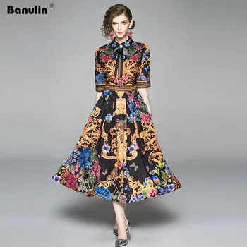 2019 Summer Elegant Half Sleeve Dress Women Floral Print Runway Long Dress Fashions Button Diamonds Vintage Midi Dress B9119 bell sleeve floral chiffon midi dress
