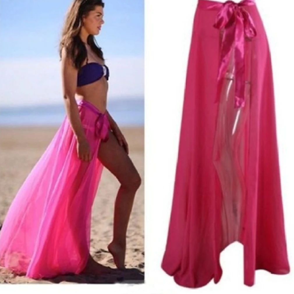 Женские сексуальные шифоновые пляжные юбки, купальники, бикини, однотонная сексуальная летняя накидка для пляжа, макси-юбка