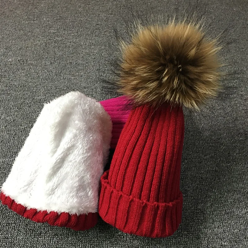 Cllikko/шапка из натурального меха, вязаная шапка с натуральным большим помпоном из енота, детская зимняя шапка унисекс для детей 1-18 лет, теплая плотная бархатная шапка