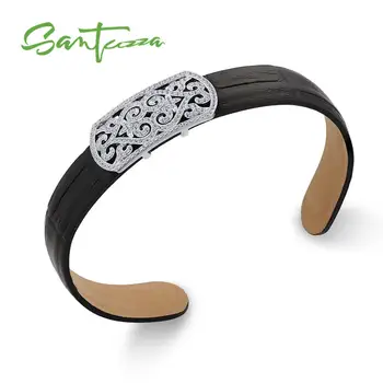 

SANTUZZA Silver Bracelet Bangle for Women Men 925 Sterling Silver Adjustable Bangle Black Genuine Leather Punk Fashion Jewelry