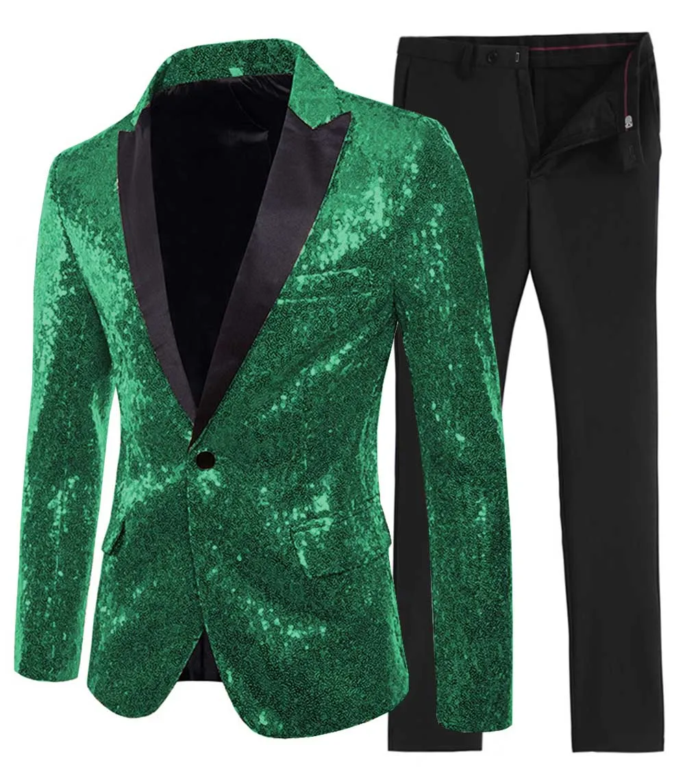 

Mens suit 2 Pieces Shiny Sequin Mens Suit Slim Fit One Button Peak Notch Lapel Tuxedo for Wedding Party (Blazer+Pants)