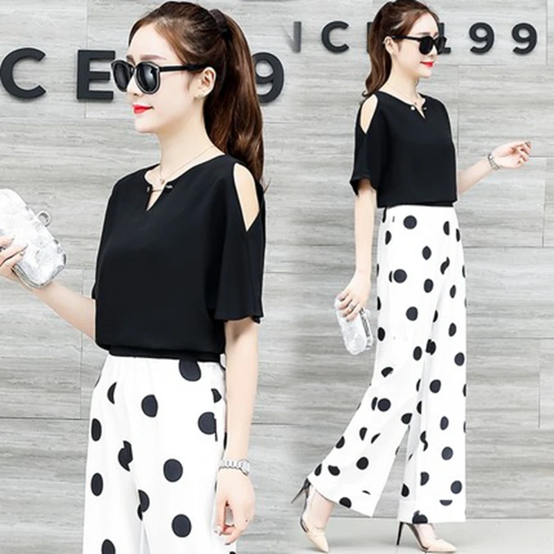 

Summer Set New Fashion Wide Leg Pants Chiffon Suit Two Piece Set Women Chiffon Flare Blouse And Skirt Pant Suits Sets