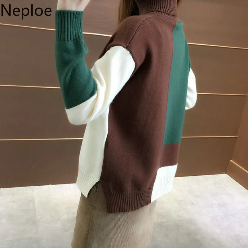 Neploe корейский осенне-зимний женский трикотажный свитер под горло Повседневный лоскутный свитер толстые пуловеры свободный 45474