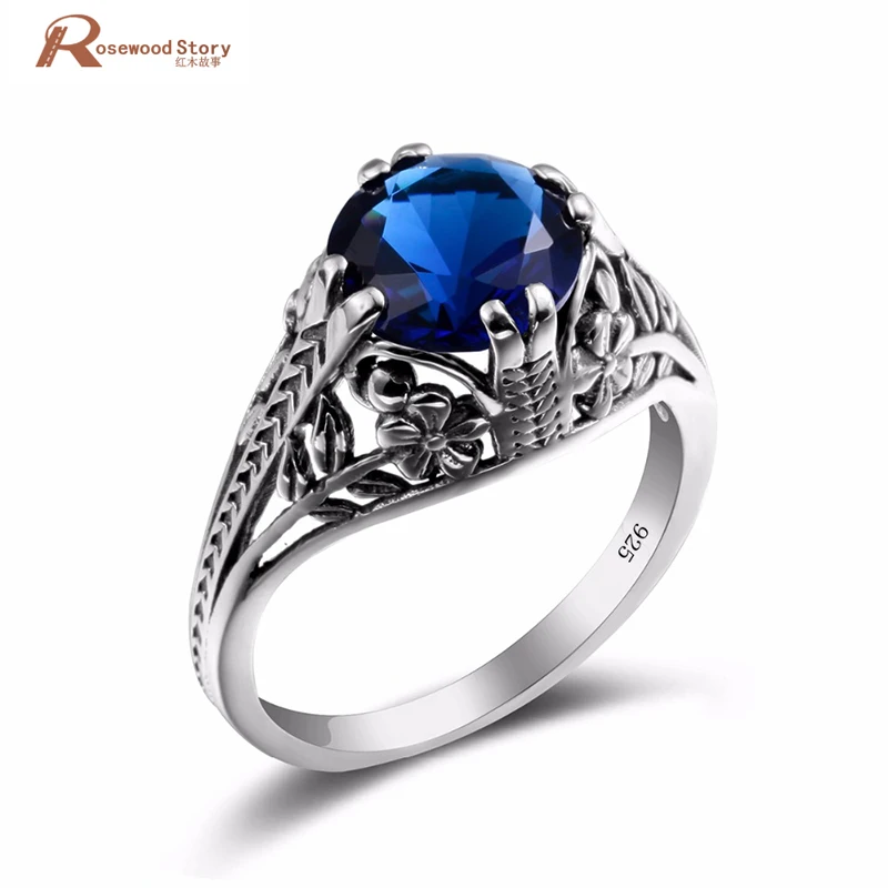 

Fashion Large Size Geometric Ring Created Sapphire Female Real 925 Sterling Silver Flower Ring For Women Wedding Vintage Jewelry