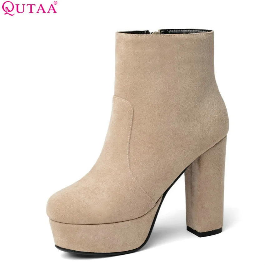 QUTAA/; женские ботильоны; модная зимняя обувь на высоком квадратном каблуке; женские ботинки из флока с квадратным носком на платформе; размеры 34-43