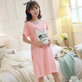

Spring Summer Maternity Cat Printed Pajamas with Short Sleeves Pure Cotton Nursing Nightgown Expectant Mother Feeding Dress