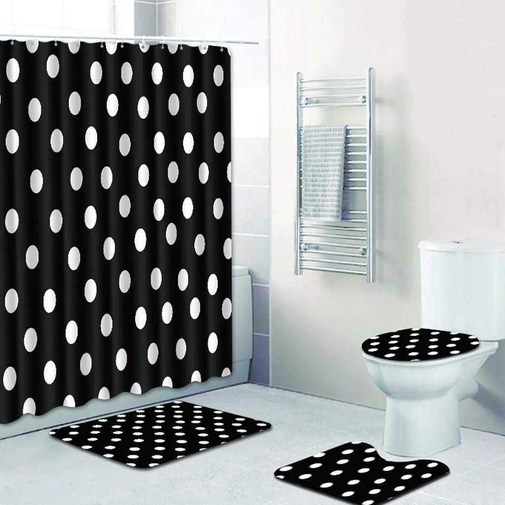 

4PCS Sea Style Non Slip Toilet Set Polyester Shower Curtain Pedestal Toilet Seat Mat+Lid+Bath Mat Anti Slip Bath Cover Carpet L