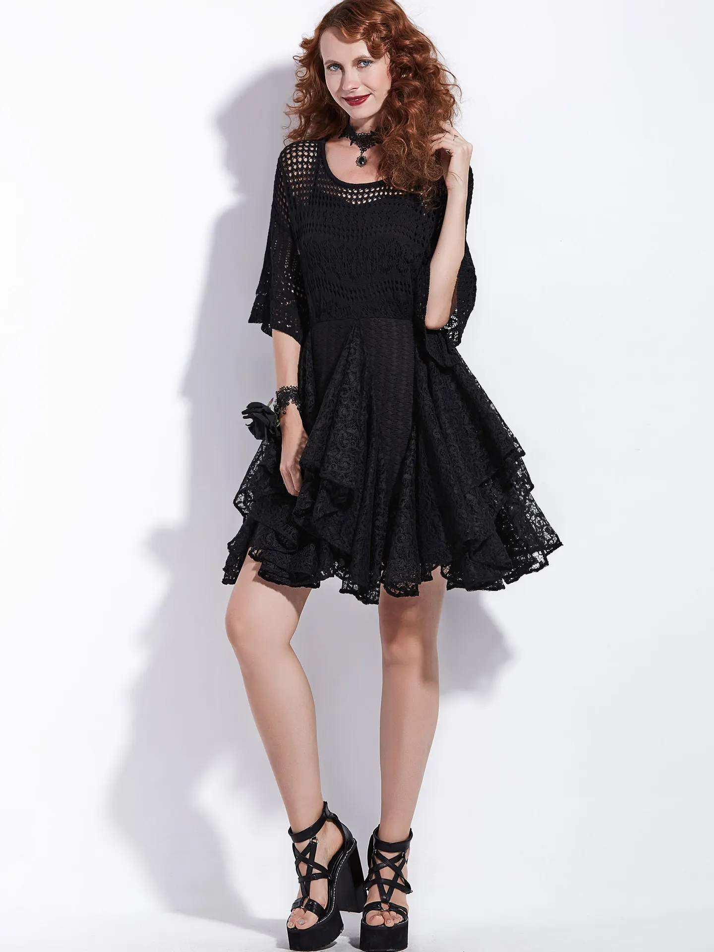 

JIEZuoFang Gothic Dress Women Black Summer A-Line Lace Hollow Flare Sleeve Double Casual Party Fashion Sexy Goth Female Dresses